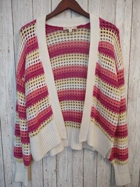 Pink Republic Open Front Knit Cardigan Sweater Coral White Yellow Striped Medium